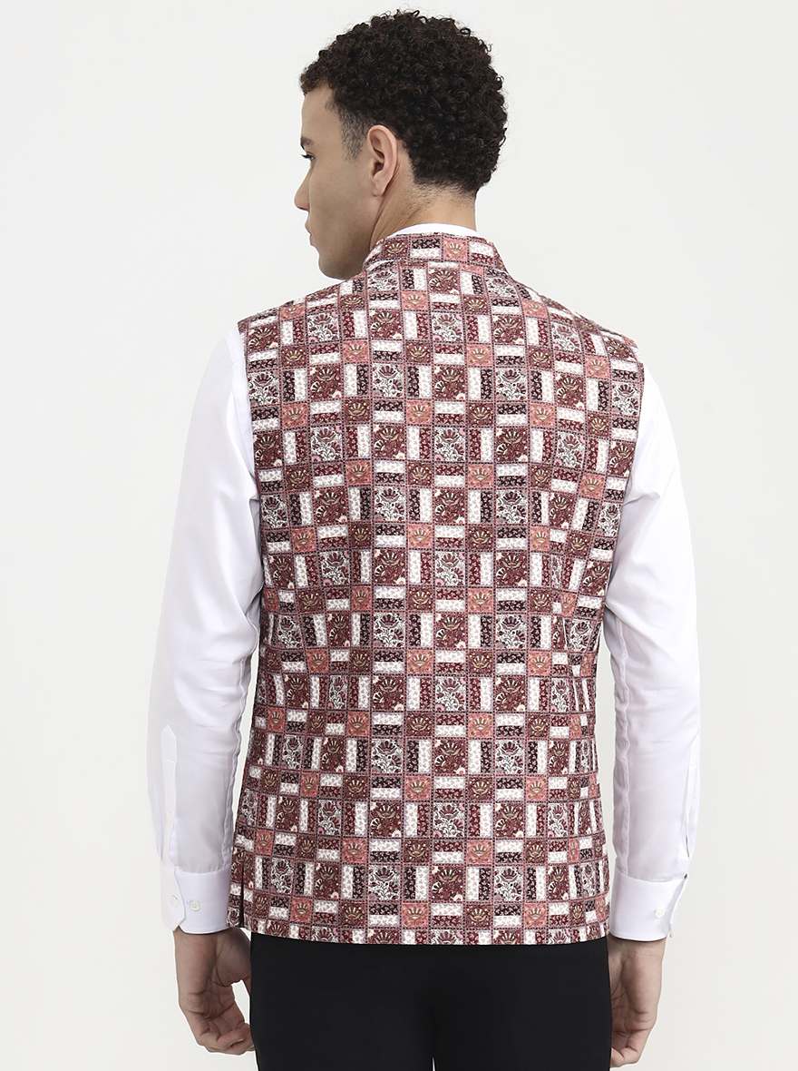 Maroon & White Printed  Waistcoat | Greenfibre