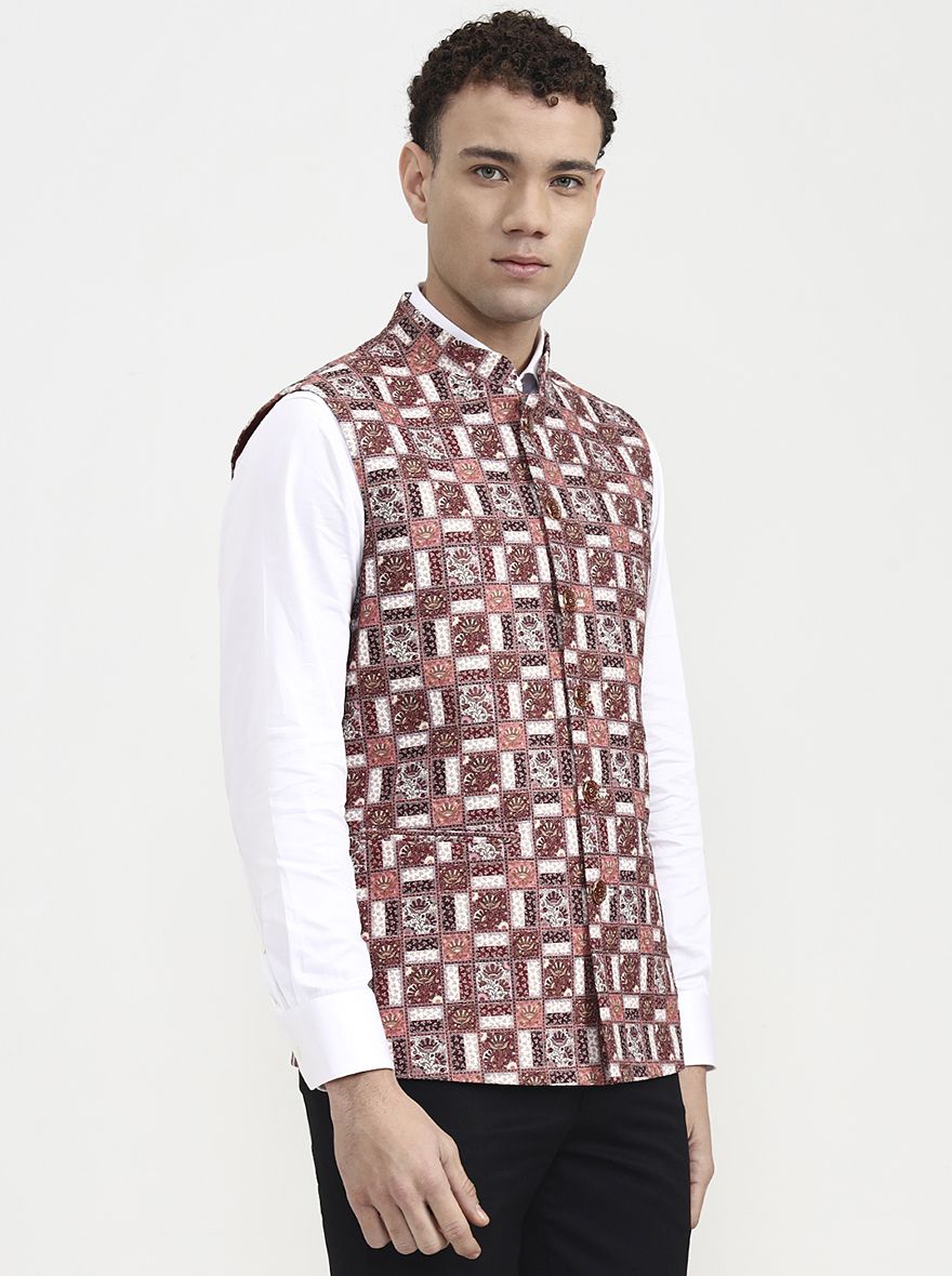 Maroon & White Printed  Waistcoat | Greenfibre