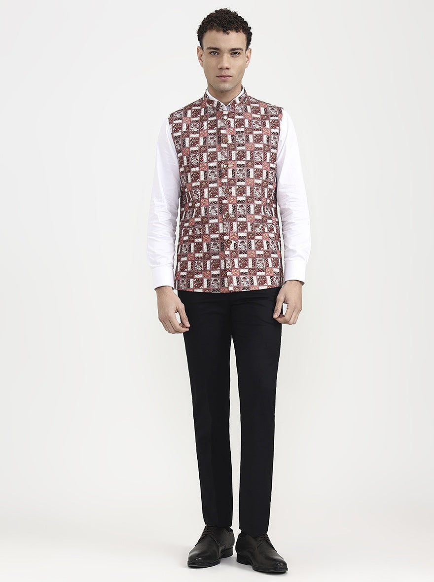 Maroon & White Printed  Waistcoat | Greenfibre