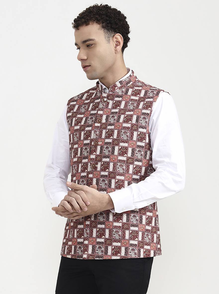 Maroon & White Printed  Waistcoat | Greenfibre