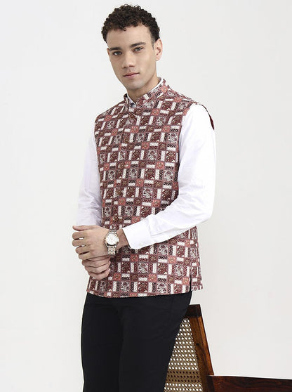 Maroon & White Printed  Waistcoat | Greenfibre