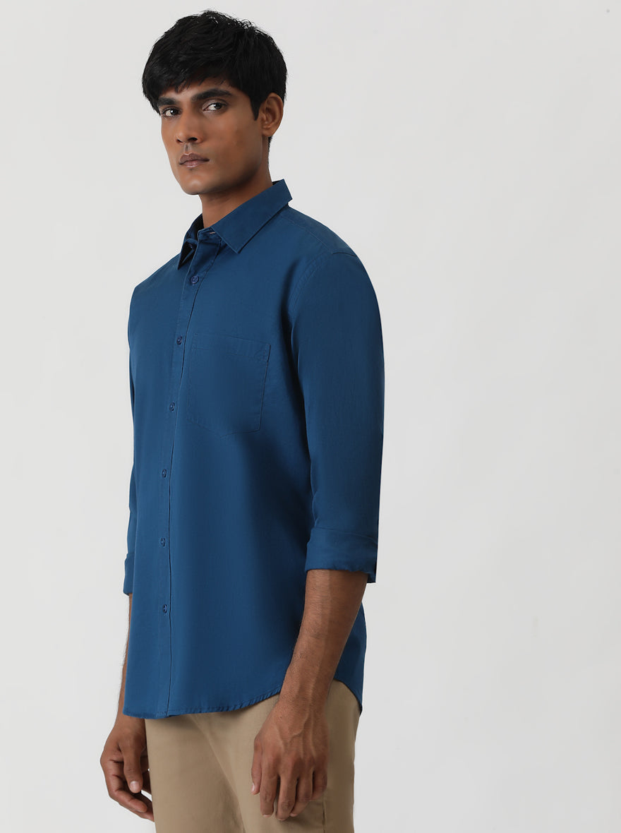 Navy Blue Solid Smart Fit Semi Casual Shirt | Greenfibre