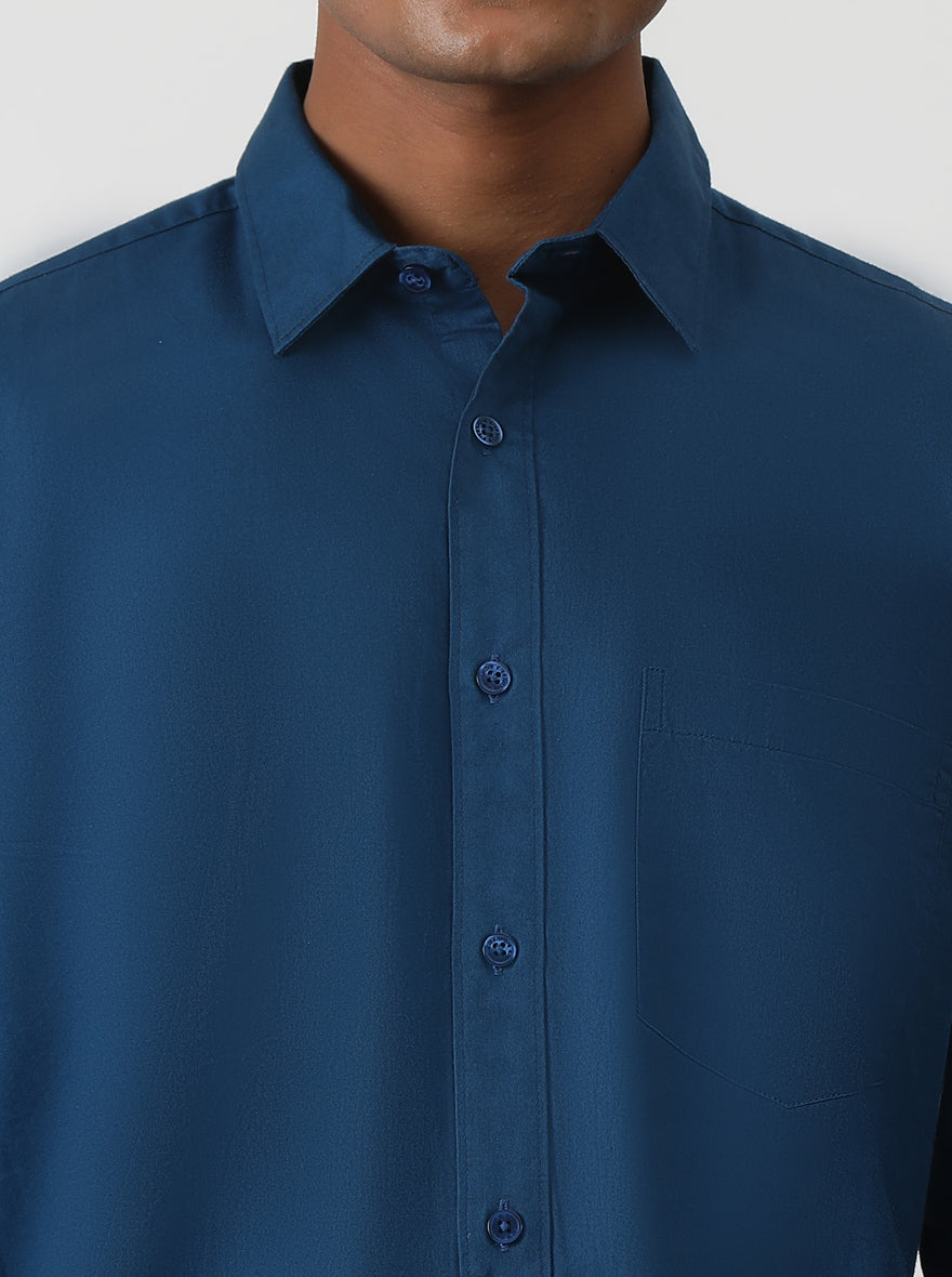 Navy Blue Solid Smart Fit Semi Casual Shirt | Greenfibre