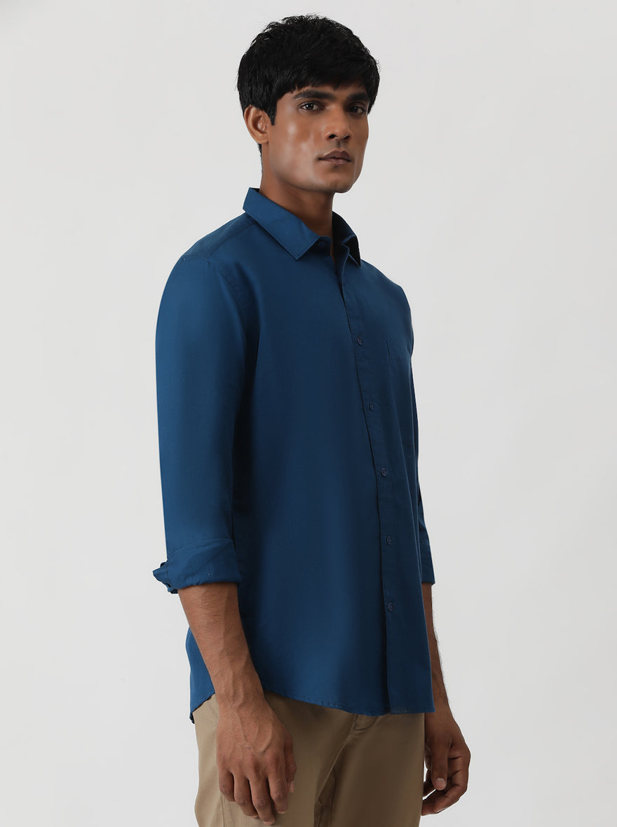 Navy Blue Solid Smart Fit Semi Casual Shirt | Greenfibre