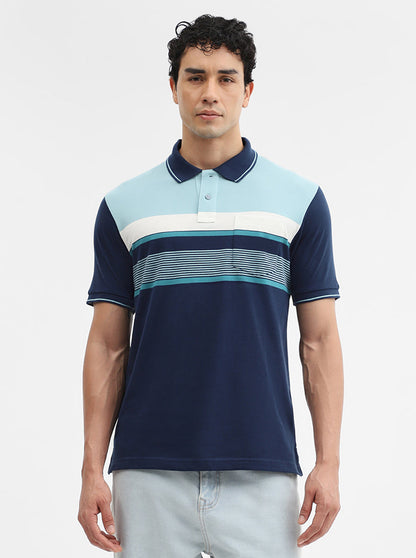 Mint & Navy Blue Striped Slim Fit Polo T-Shirt | Greenfibre