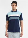 Mint & Navy Blue Striped Slim Fit Polo T-Shirt | Greenfibre