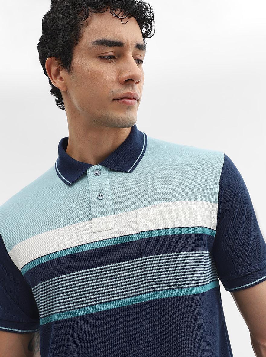 Mint & Navy Blue Striped Slim Fit Polo T-Shirt | Greenfibre