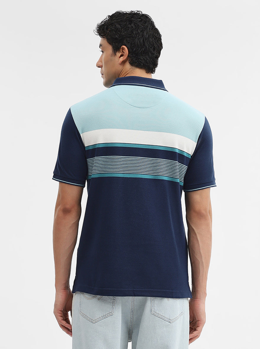 Mint & Navy Blue Striped Slim Fit Polo T-Shirt | Greenfibre