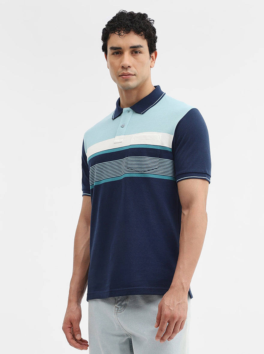 Mint & Navy Blue Striped Slim Fit Polo T-Shirt | Greenfibre
