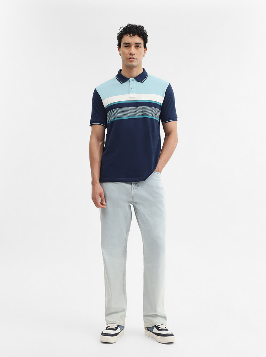 Mint & Navy Blue Striped Slim Fit Polo T-Shirt | Greenfibre