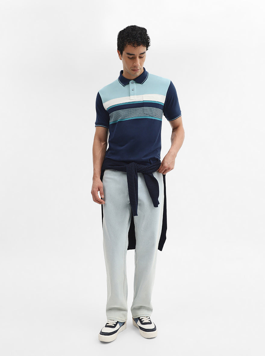 Mint & Navy Blue Striped Slim Fit Polo T-Shirt | Greenfibre