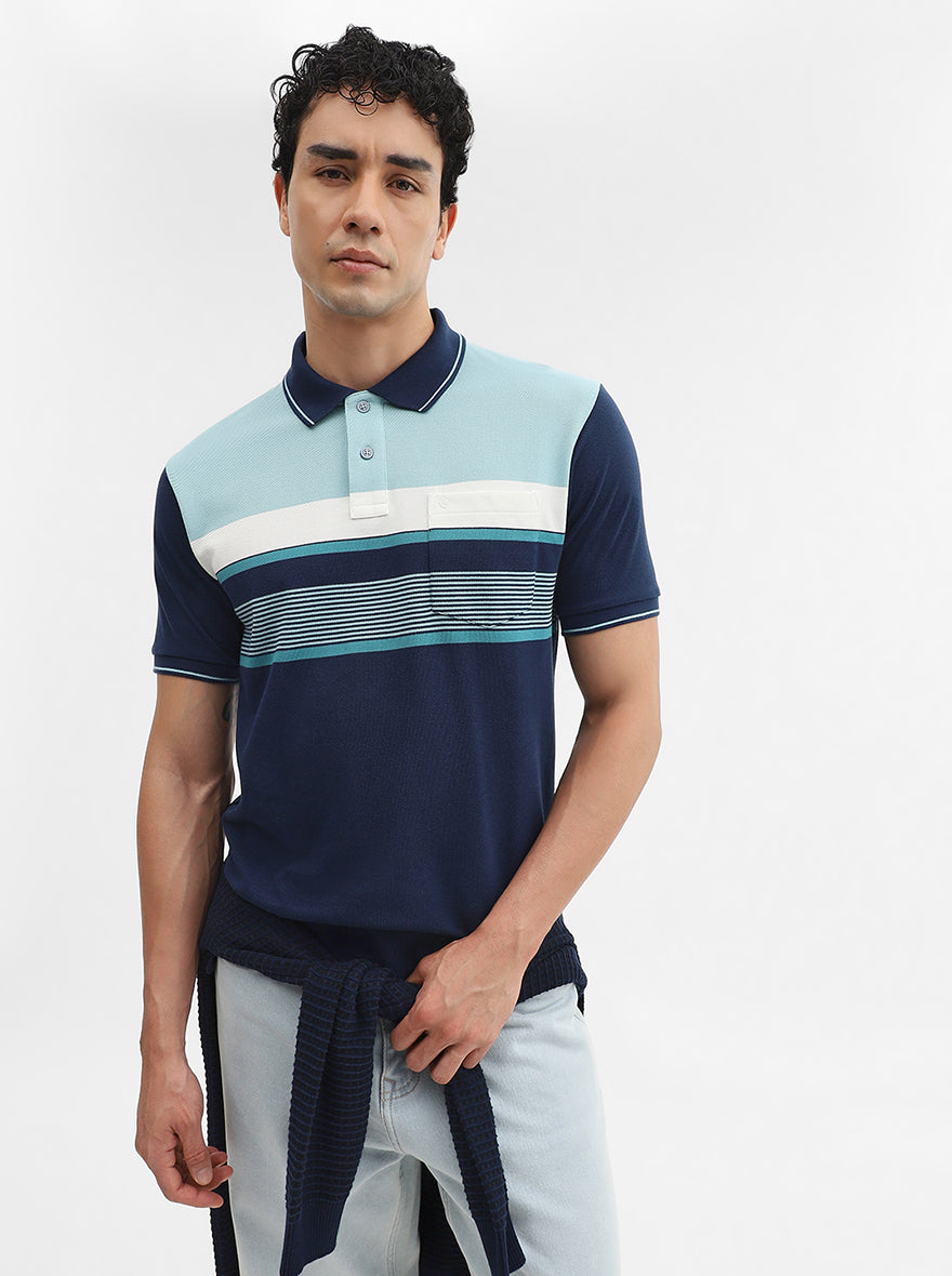 Mint & Navy Blue Striped Slim Fit Polo T-Shirt | Greenfibre