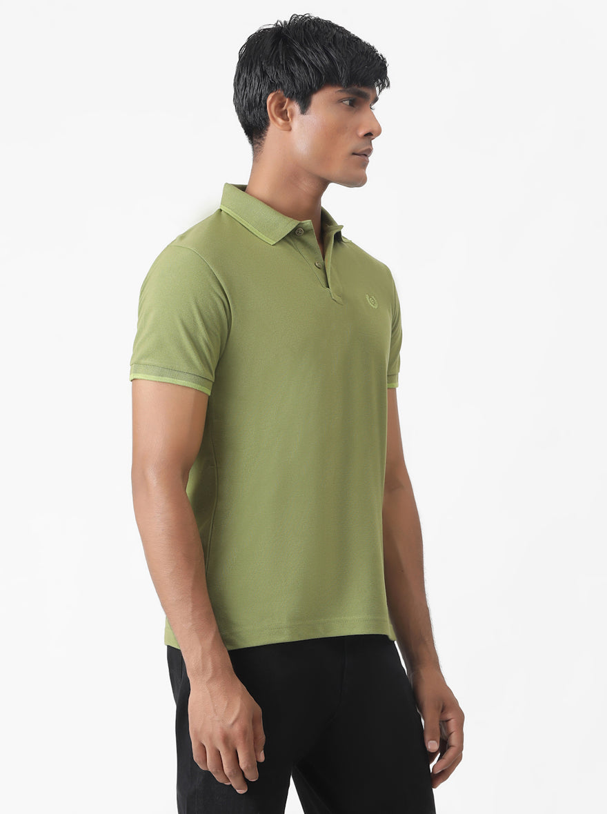 Olive Green Solid Slim Fit Polo T-Shirt | Greenfibre