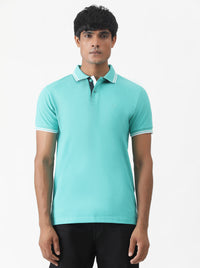 Turquoise Blue Solid Slim Fit Polo T-Shirt | Greenfibre