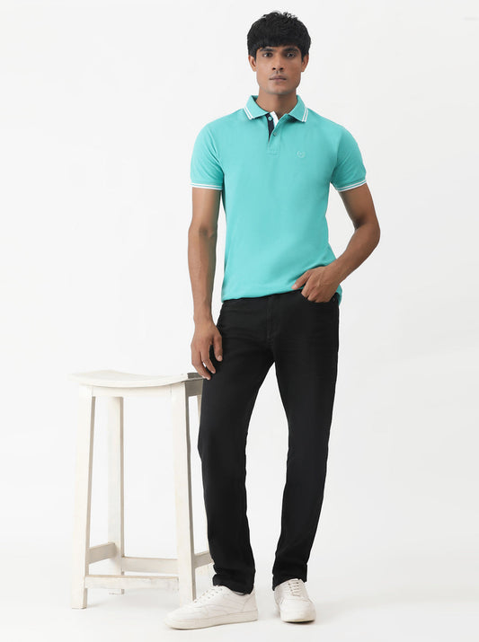 Turquoise Blue Solid Slim Fit Polo T-Shirt | Greenfibre