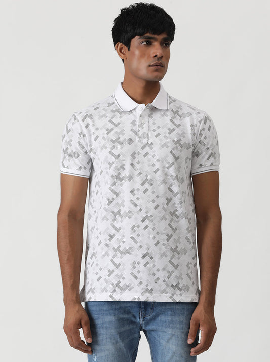 White Printed Slim Fit Polo T-Shirt | Greenfibre