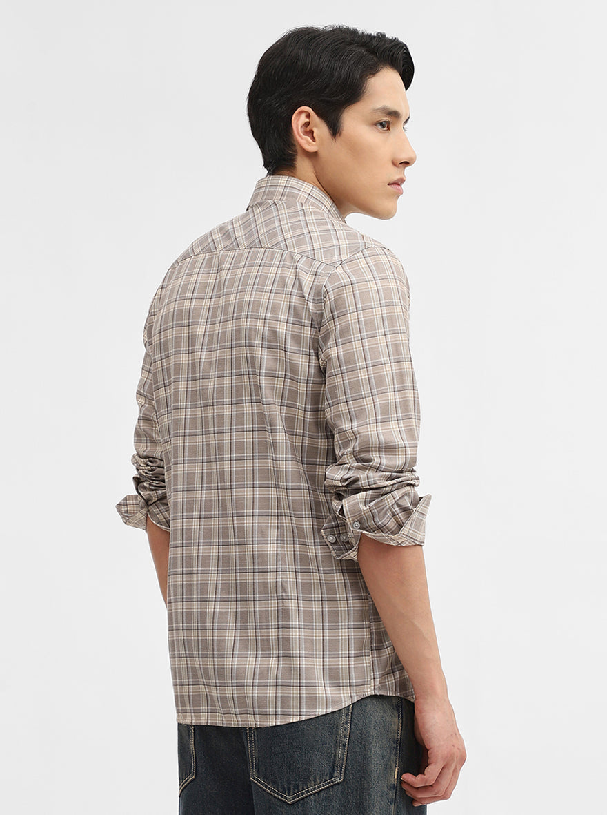 Grey Checked Tailored Fit Semi Casual Shirt | Greenfibre