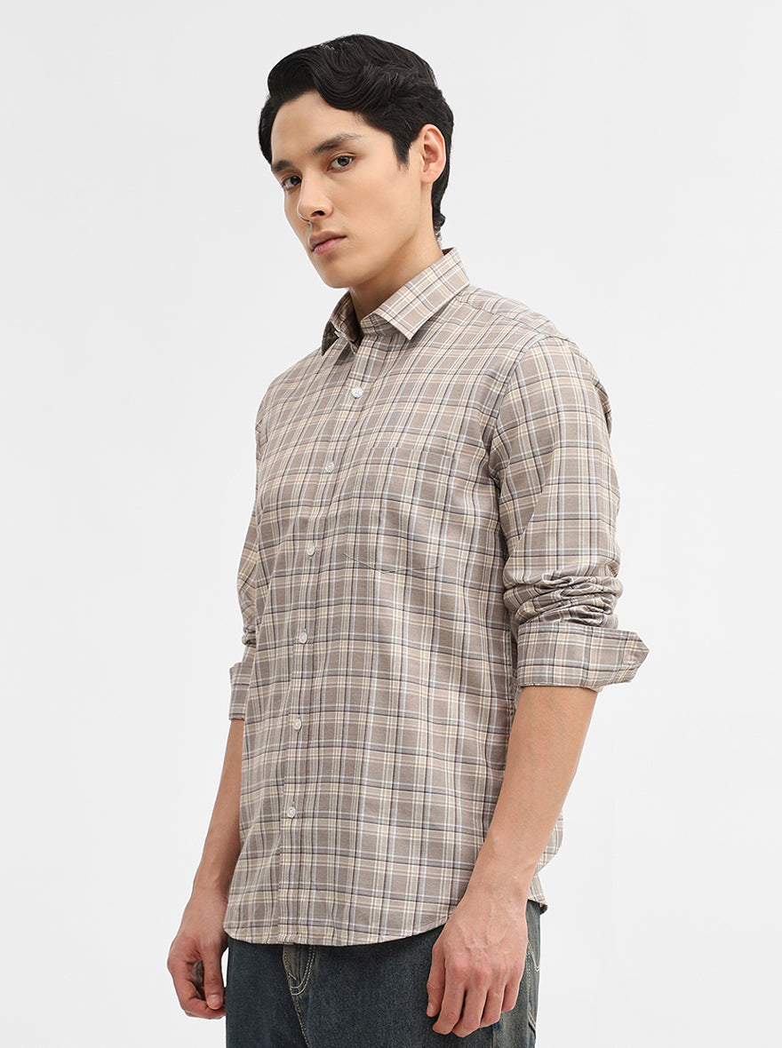 Grey Checked Tailored Fit Semi Casual Shirt | Greenfibre