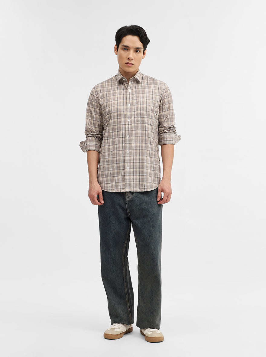 Grey Checked Tailored Fit Semi Casual Shirt | Greenfibre