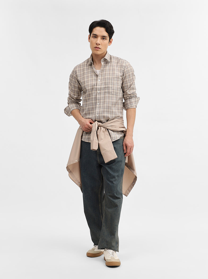 Grey Checked Tailored Fit Semi Casual Shirt | Greenfibre