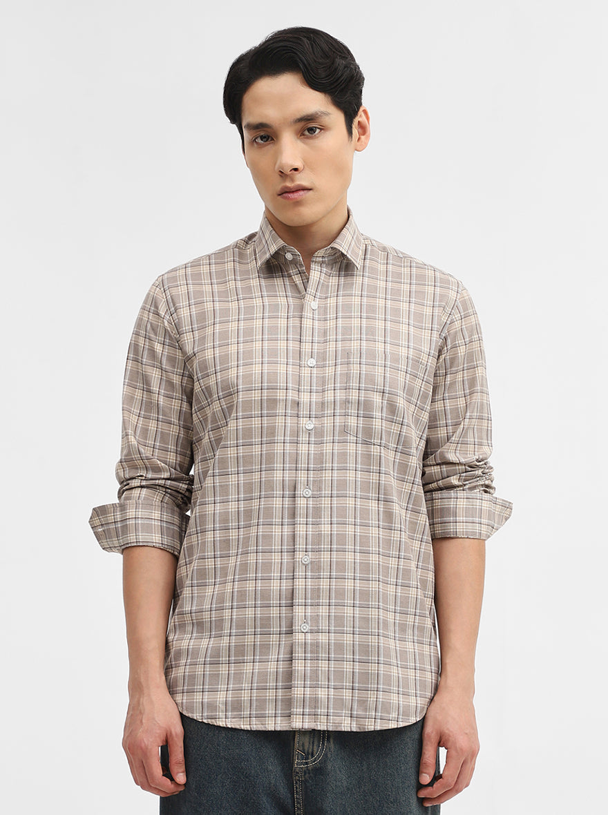 Grey Checked Tailored Fit Semi Casual Shirt | Greenfibre