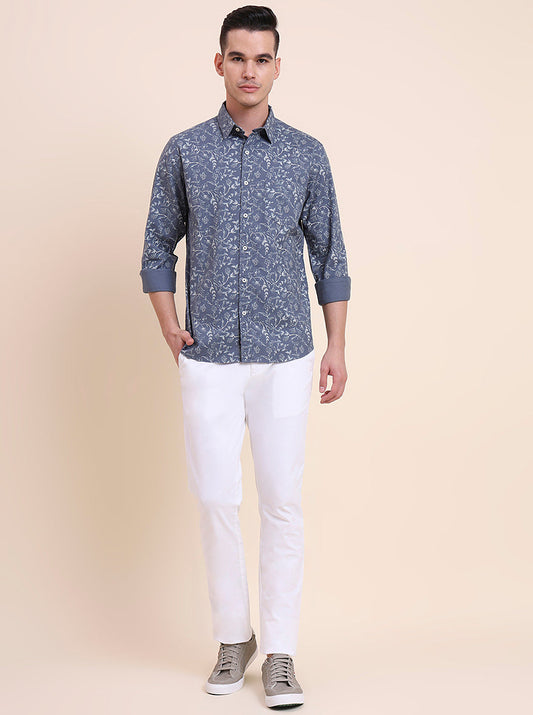 Blue Printed Slim Fit Casual Shirt | Greenfibre