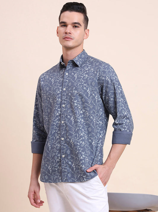 Blue Printed Slim Fit Casual Shirt | Greenfibre