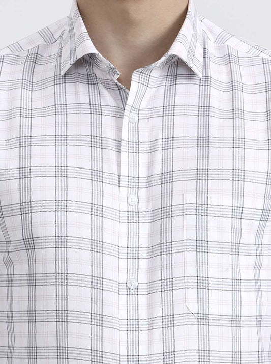 White & Grey Checked Regular Fit Formal Shirt | Greenfibre