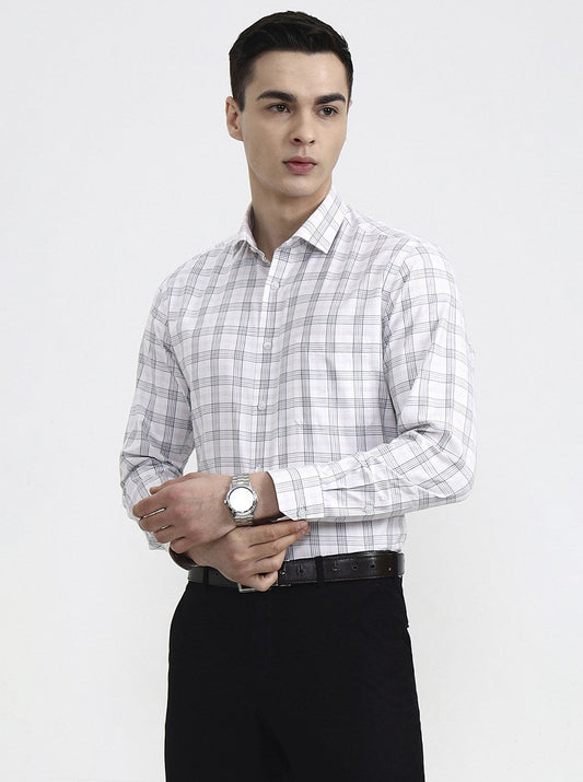 White & Grey Checked Regular Fit Formal Shirt | Greenfibre