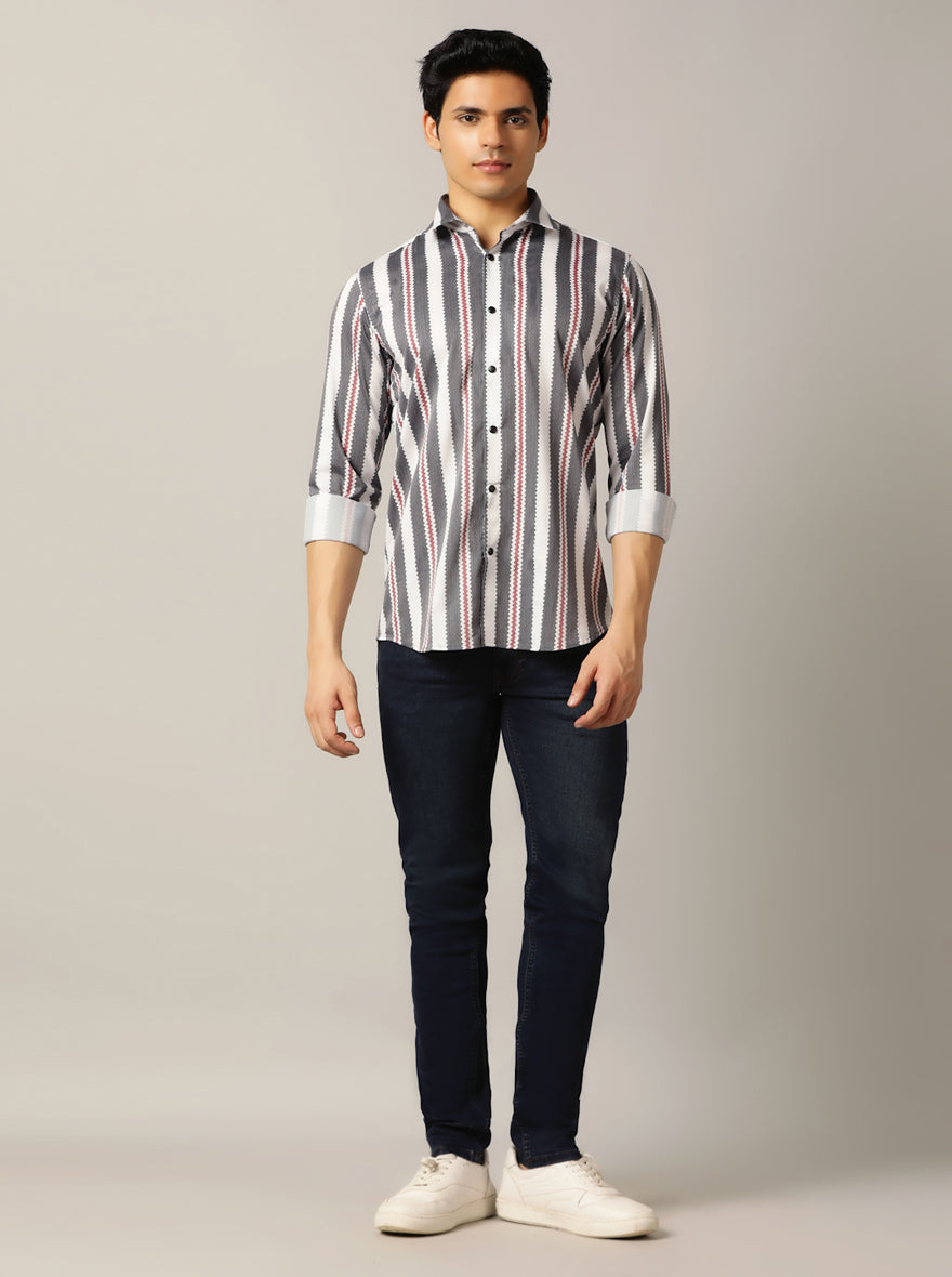 Grey Striped Slim Fit Party Wear Shirt | JB Studio