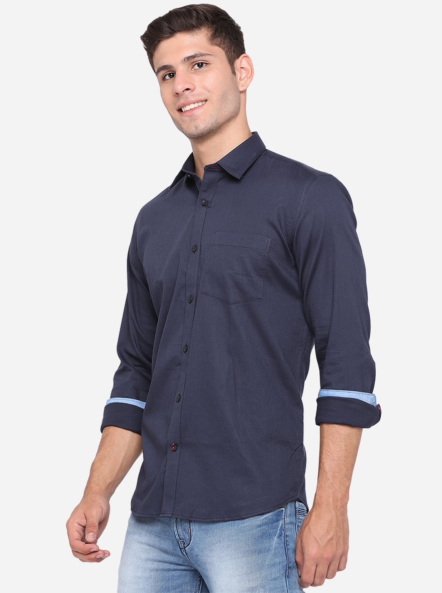 Night Blue Solid Slim Fit Casual Shirt | Greenfibre