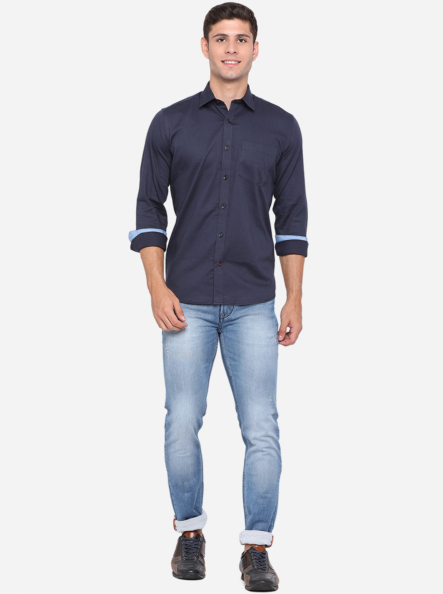 Night Blue Solid Slim Fit Casual Shirt | Greenfibre