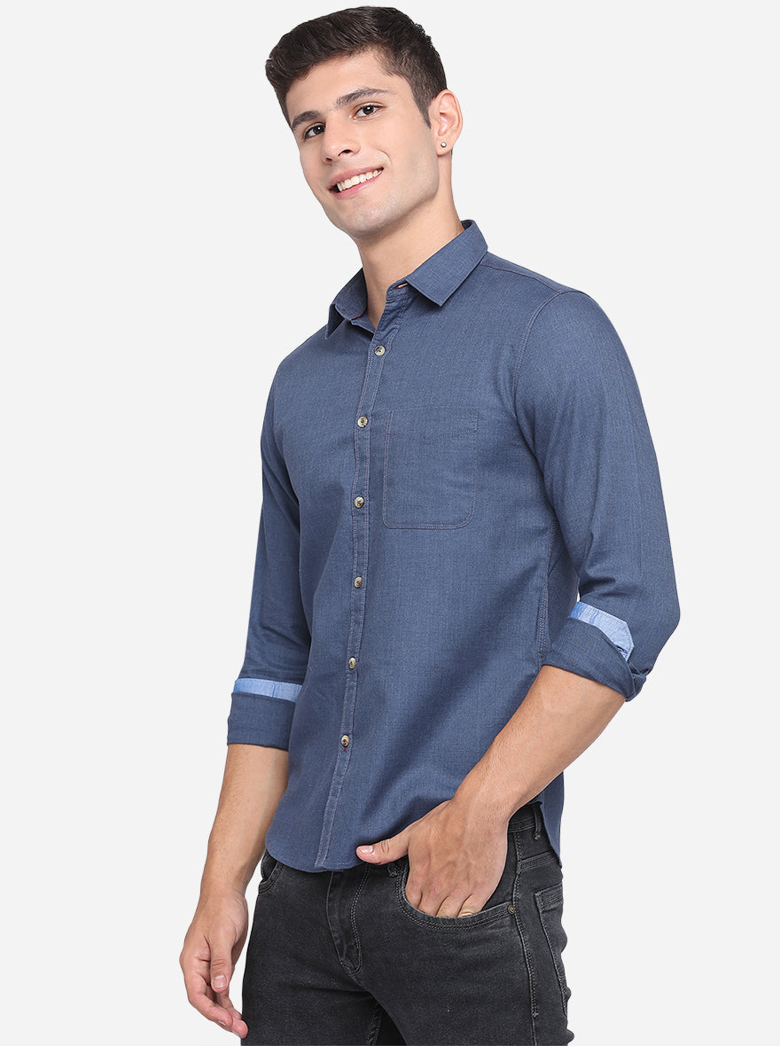 Insignia Blue Solid Slim Fit Semi Casual Shirt | Greenfibre