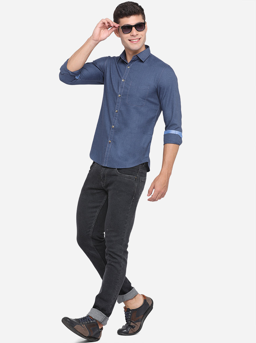 Insignia Blue Solid Slim Fit Semi Casual Shirt | Greenfibre