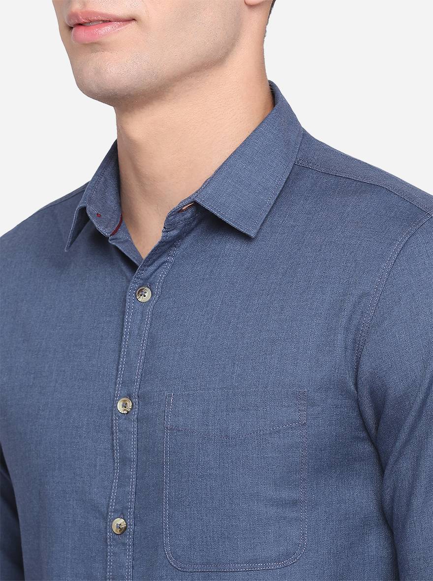 Insignia Blue Solid Slim Fit Semi Casual Shirt | Greenfibre