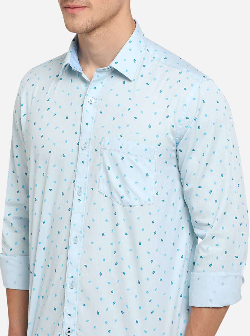 Light Blue Printed Smart Fit Semi Casual Shirt | Greenfibre