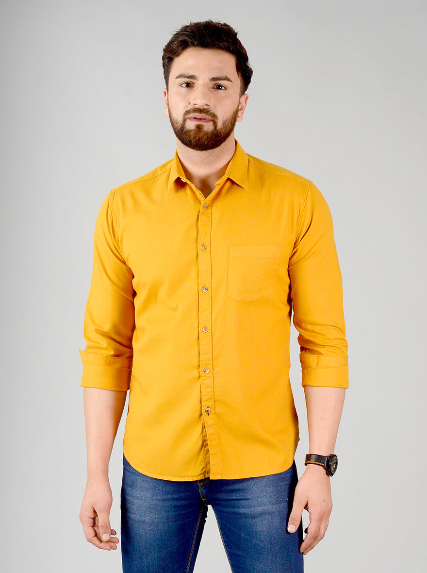 Golden Yellow Solid Slim Fit Casual Shirt | Greenfibre