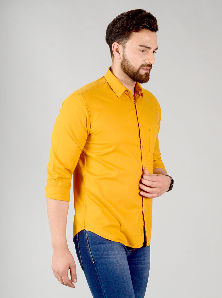 Golden Yellow Solid Slim Fit Casual Shirt | Greenfibre