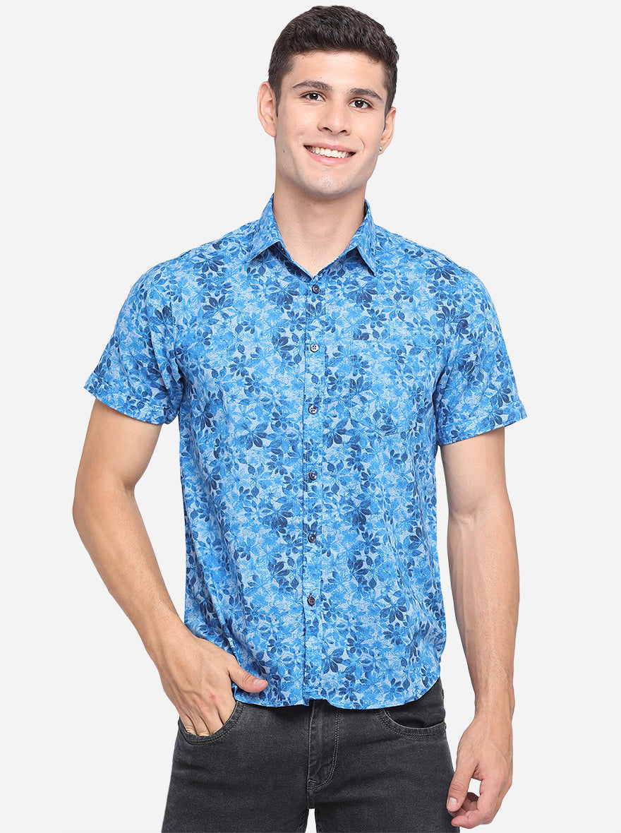 French Blue Printed Slim Fit Semi Casual Shirt | Greenfibre