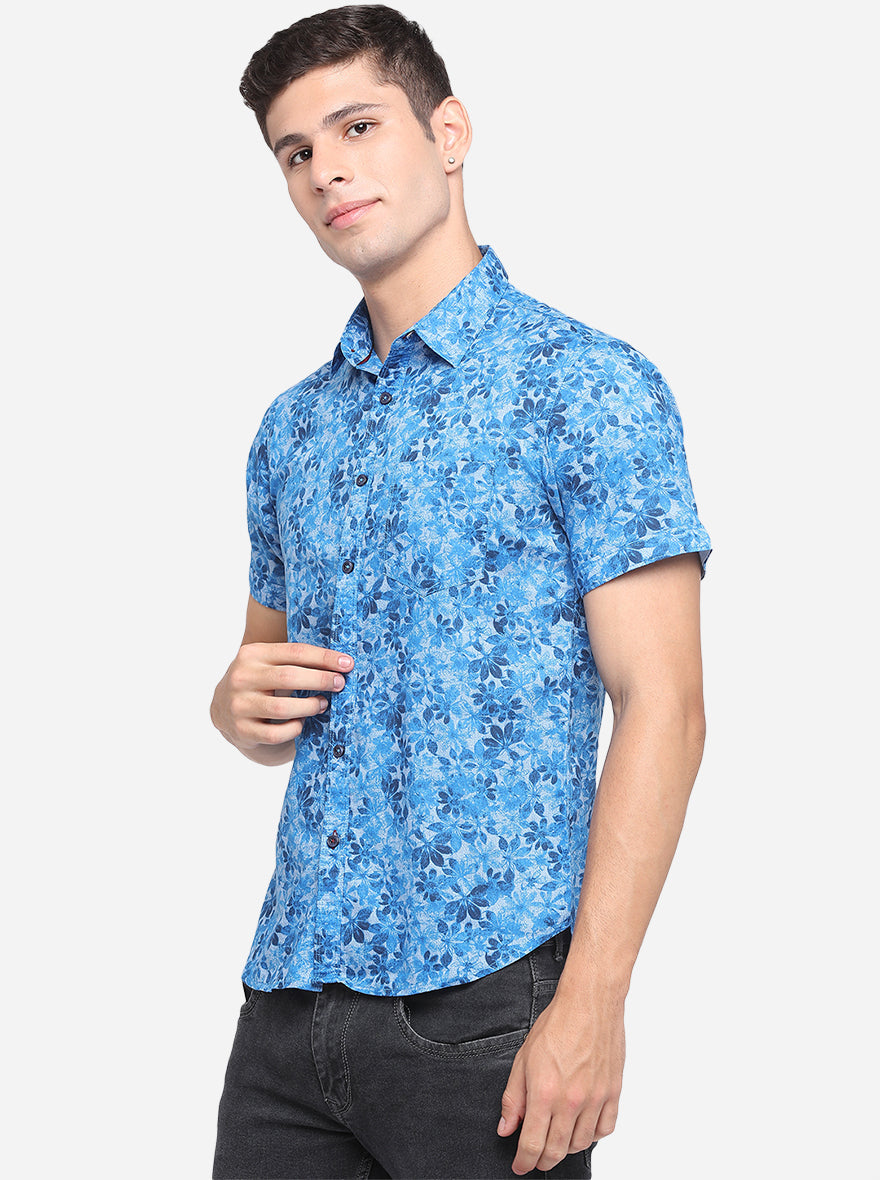 French Blue Printed Slim Fit Semi Casual Shirt | Greenfibre