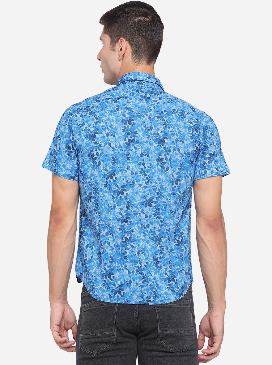 French Blue Printed Slim Fit Semi Casual Shirt | Greenfibre