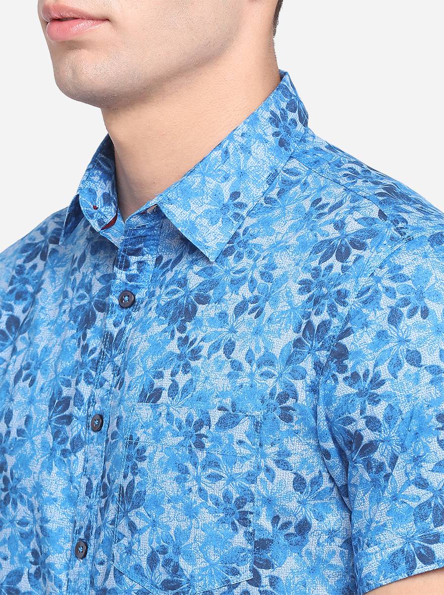 French Blue Printed Slim Fit Semi Casual Shirt | Greenfibre