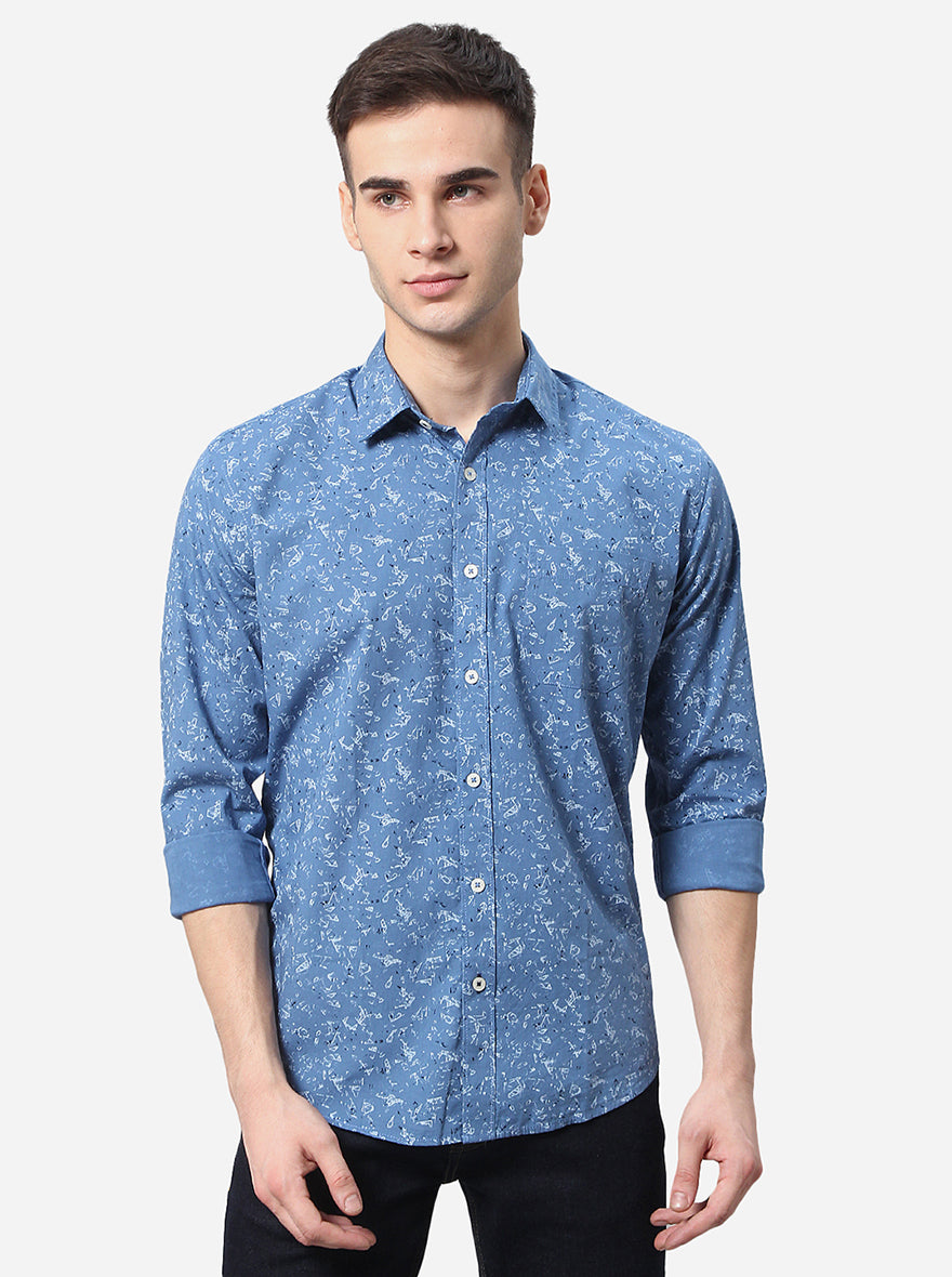 Teal Blue Printed Classic Fit Casual Shirt | Greenfibre