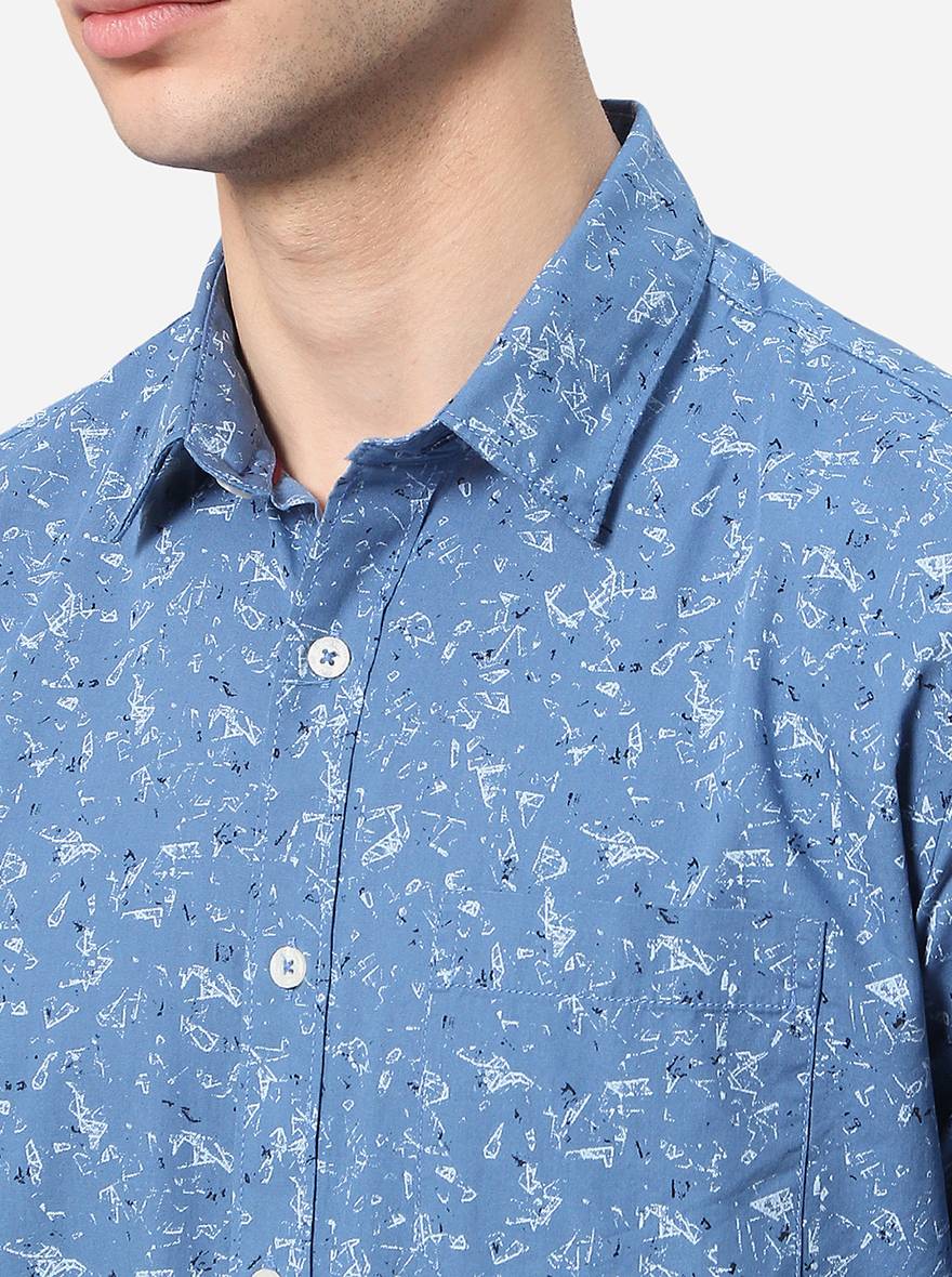 Teal Blue Printed Classic Fit Casual Shirt | Greenfibre