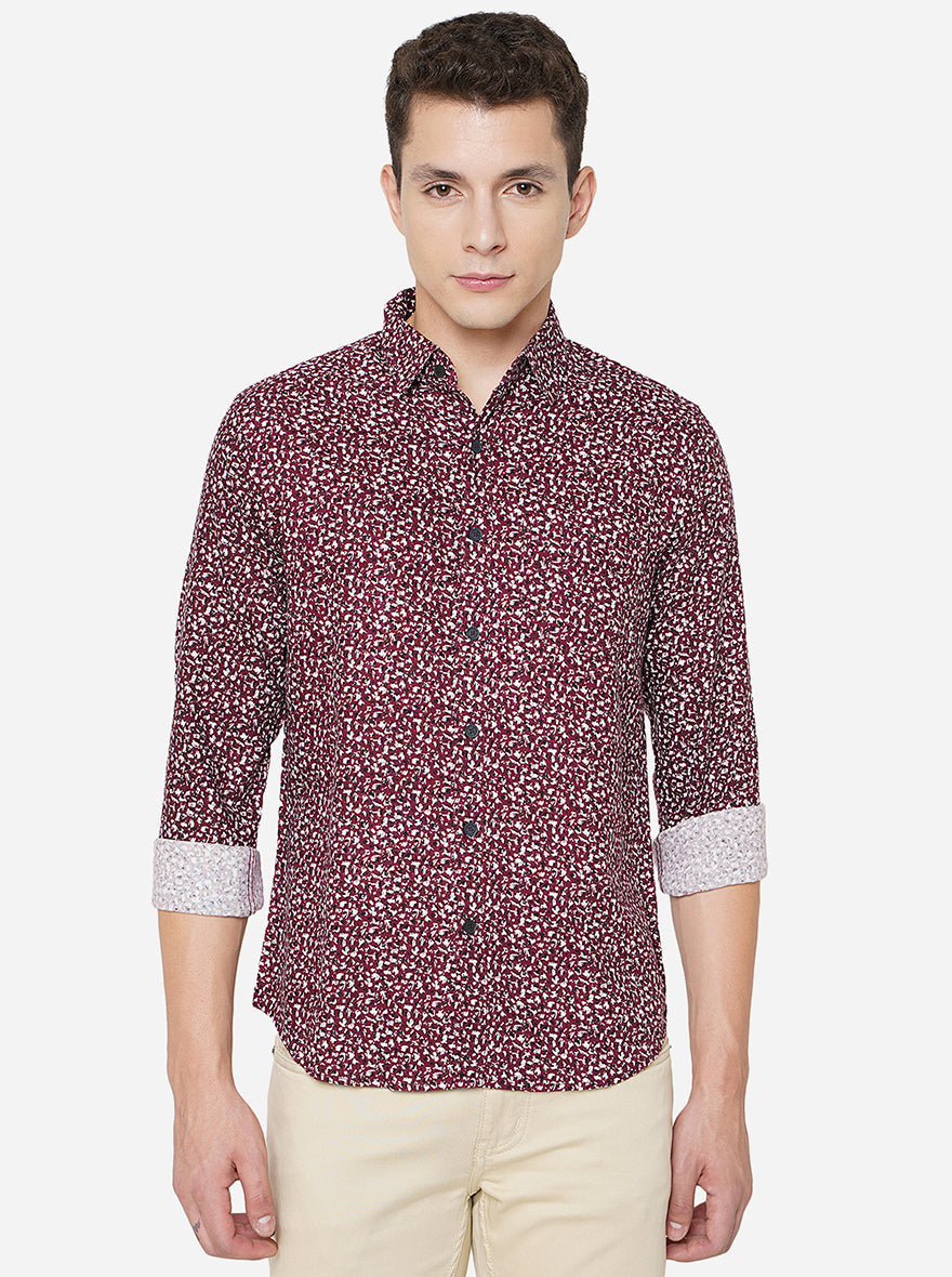 Wine Printed Slim Fit Semi Casual Shirt | Greenfibre