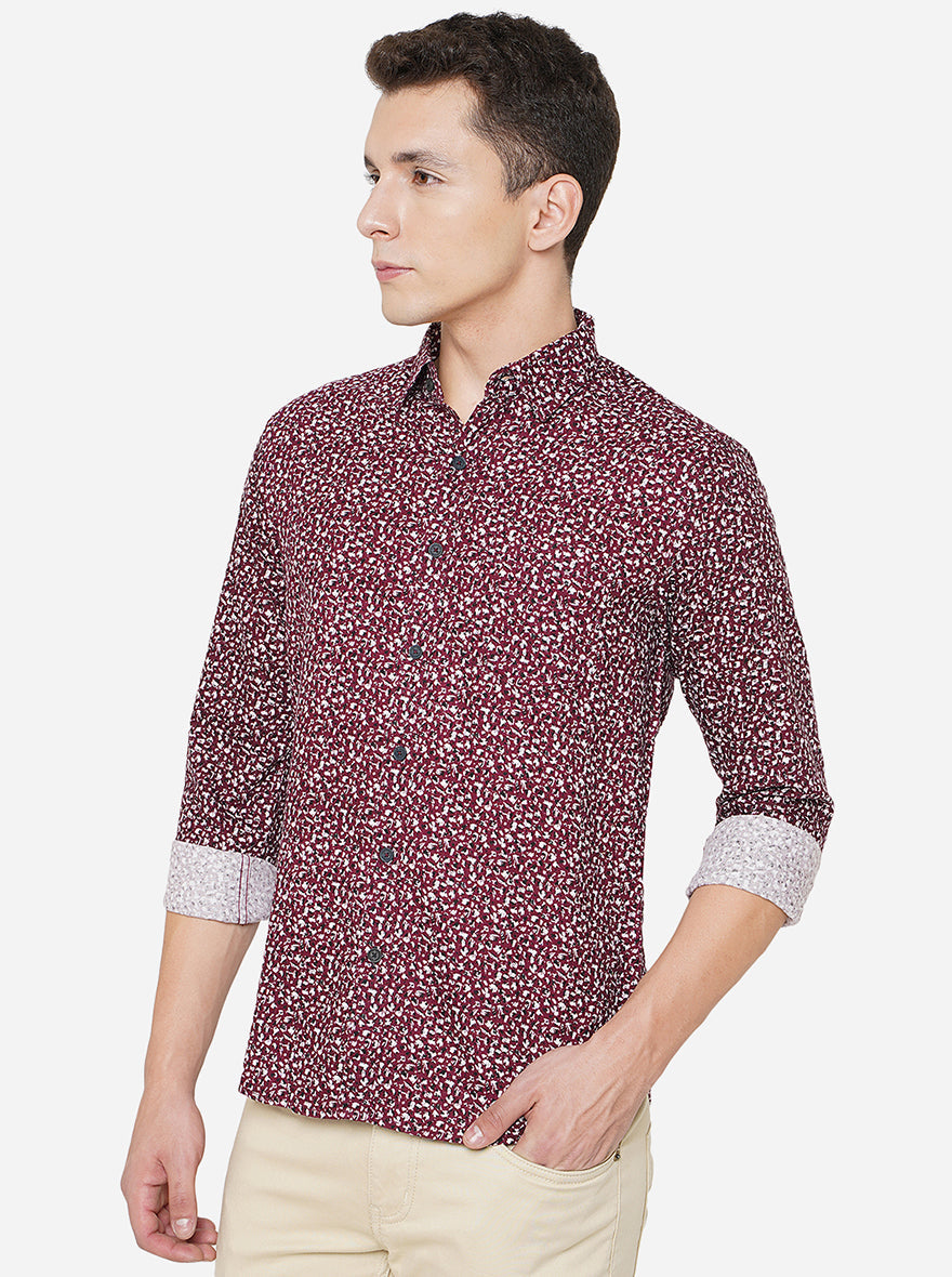 Wine Printed Slim Fit Semi Casual Shirt | Greenfibre