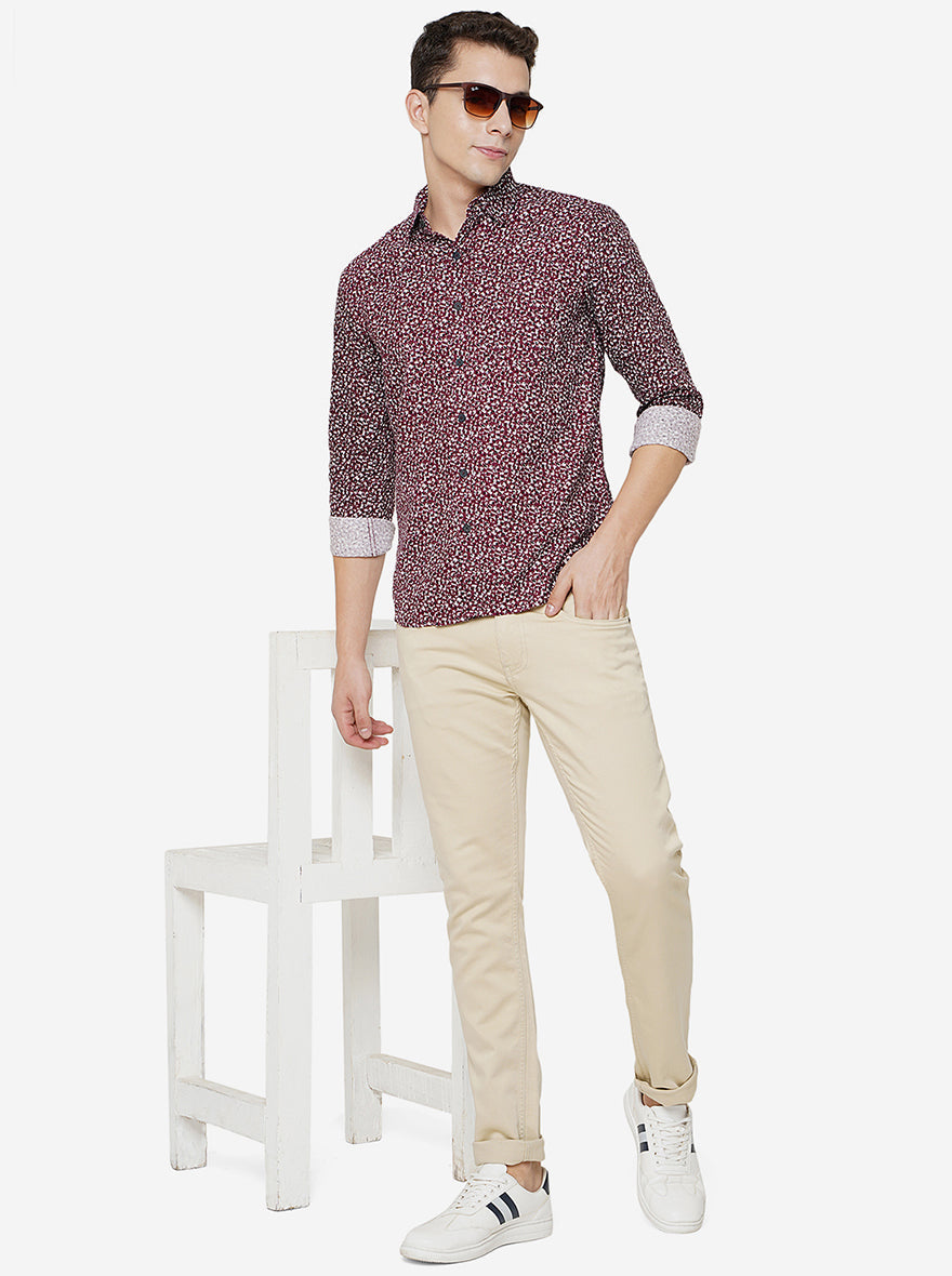 Wine Printed Slim Fit Semi Casual Shirt | Greenfibre