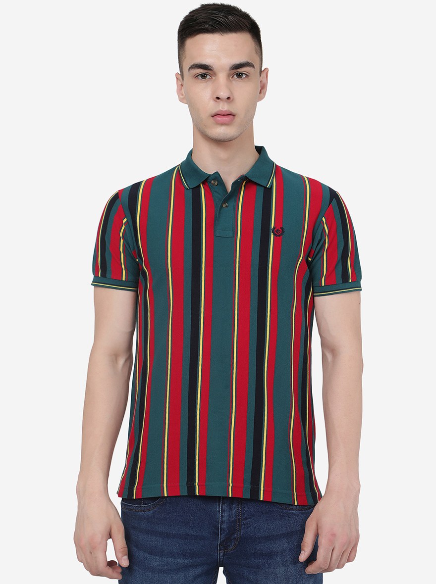 Red & Teal Green Striped Slim Fit Polo T-Shirt | Greenfibre