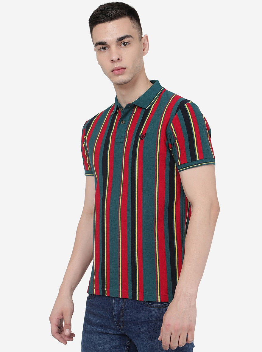 Red & Teal Green Striped Slim Fit Polo T-Shirt | Greenfibre