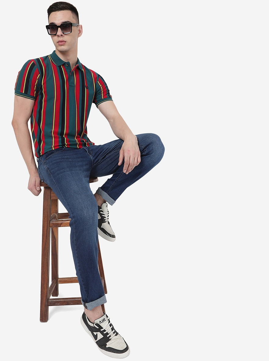 Red & Teal Green Striped Slim Fit Polo T-Shirt | Greenfibre